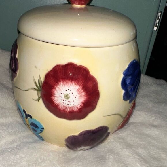 Macys The Cellar Laurie Gates vtg pansey and butterfly cookie jar - Picture 2 of 7